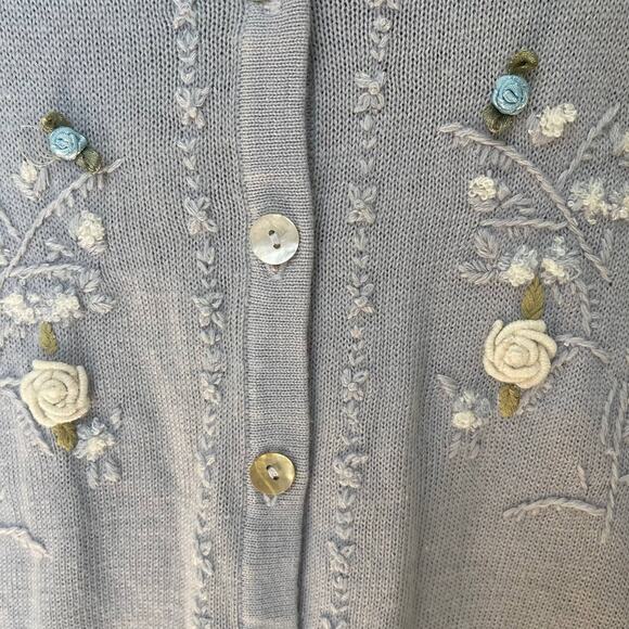 Vintage Stephanie Andrews Blue White Embroidered Cottagecore Cardigan Size Large - Picture 6 of 12
